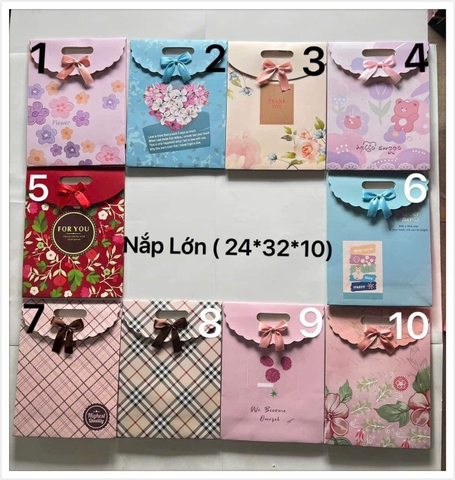 Túi giấy đựng quà có nắp nơ dán 2 size