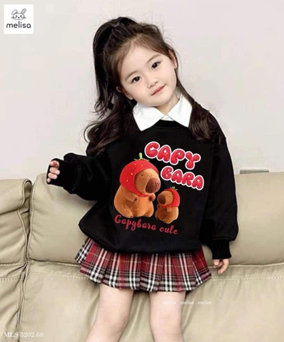 Bộ nỉ dài tay Capybara Melisa chân váy xếp ly caro đỏ đen