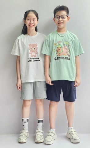 Bộ cotton cộc tay Beemon mẫu Capybara, Baby Three 3 màu xanh rêu, xanh mint, trắng cho bé