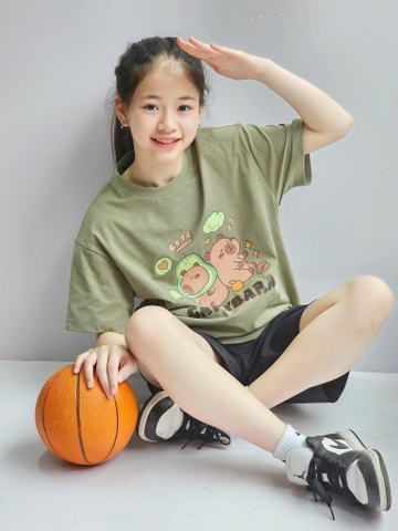 Bộ cotton cộc tay Beemon mẫu Capybara, Baby Three 3 màu xanh rêu, xanh mint, trắng cho bé