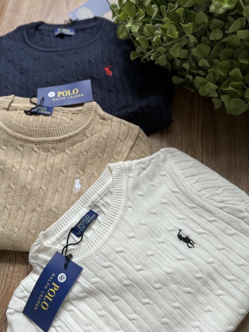 Áo len dài tay Polo Palph Lauren dệt kim thêu ngựa 3 màu navy, trắng, nâu