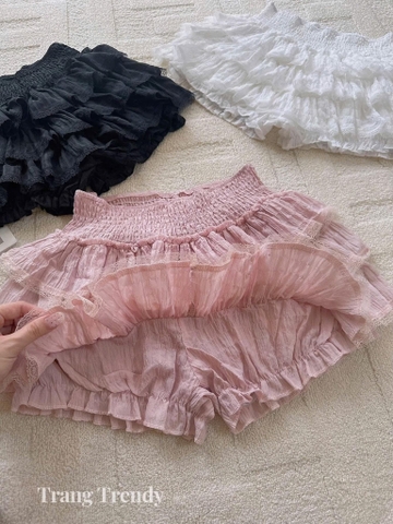 Chân váy ren 3 tầng GOGANG cạp bo chun smocked màu đen, hồng, trắng