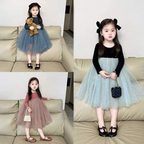 Váy cotton phối voan dài tay 4 màu be, xanh, hồng, đen-xanh