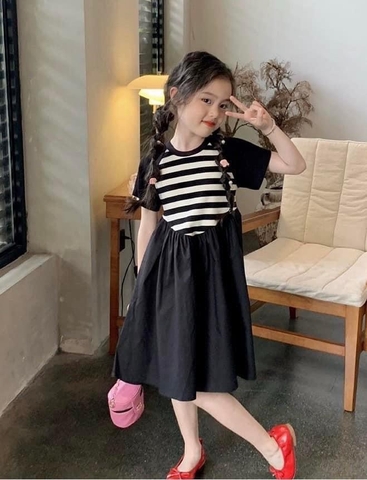Váy cotton mix thô Sofia Candy tay lỡ phối kẻ đen trắng