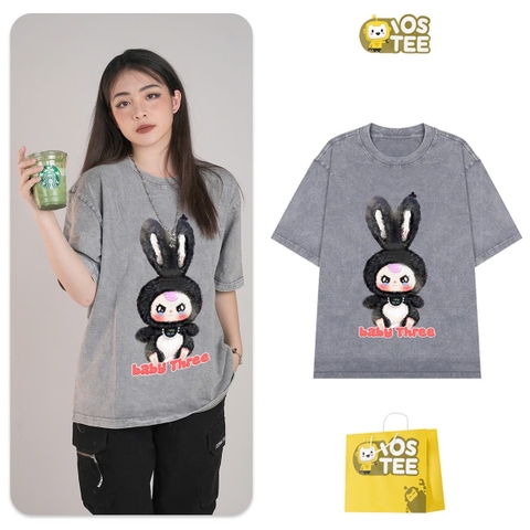 Áo phông 2 màu XÁM và XANH cotton cộc tay loang IOSTEE hình Baby Three THỎ