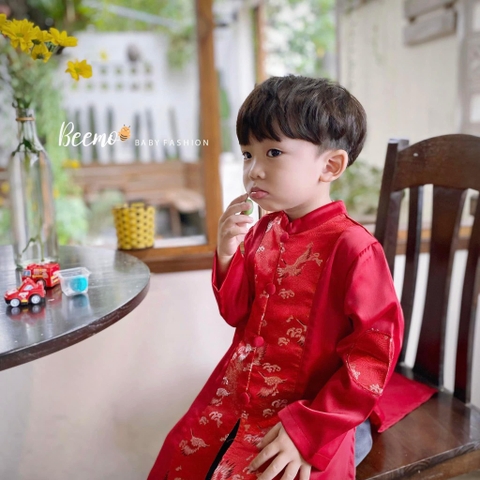 Áo dài gấm cách tân Beemo bé trai thêu chim phụng 2 màu đỏ, vàng