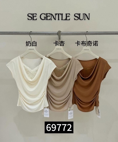 Áo thun cổ nhún cách điệu phối ren 3 màu trắng, be, nâu