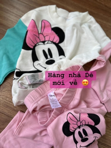 Bộ nỉ da cá Disney Minnie áo trắng tay phối xanh hồng, quần hồng