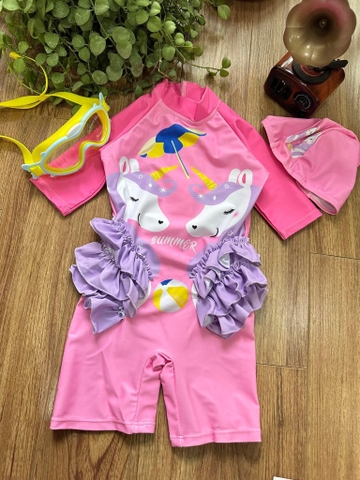 (HTTT) Bộ bơi bé gái liền thân kèm mũ 3 mẫu: tiên cá, unicorn hồng, unicorn tím