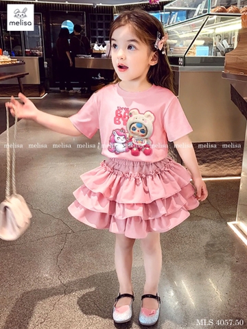 Bộ cotton cộc tay Baby Three Melisa chân váy bồng màu hồng cam