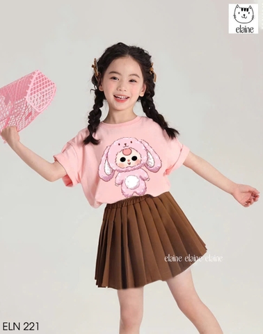 Bộ cotton Baby Three áo hồng mix chân váy nâu hãng Elaine