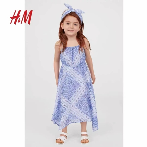 Váy maxi H&M 2 dây họa tiết bướm vàng và hoa nhí xanh