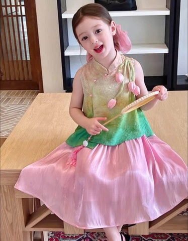 Set váy yếm hoa Tulip màu xanh hồng