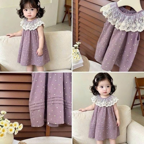 Váy tím thô hoa nhí viền ren dáng suông