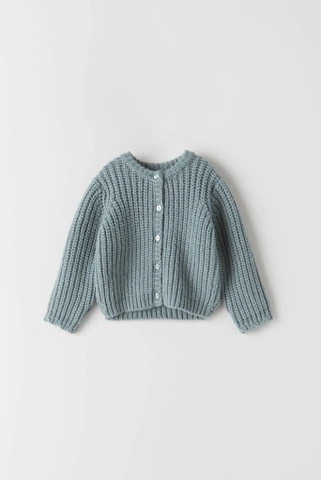 Áo khoác cardigan Zara len móc màu xanh ghi