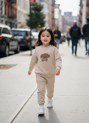 Bộ nỉ Nabi màu be 2 da thêu chó tai dài nâu xù đính nơ xanh