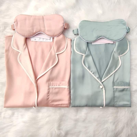Bộ ngủ pyjama lụa ren kèm bịt mắt 2 màu hồng cam và xanh