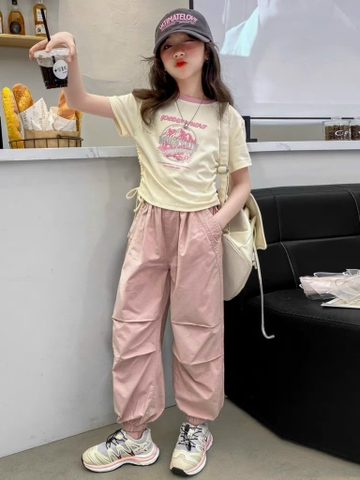 Quần kaki dài hãng Harvest cạp chun nơ 2 màu be, hồng