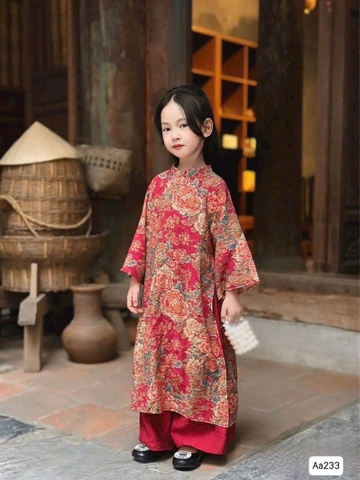 Áo dài CON đỏ hoa mẫu đơn vải nhung tăm