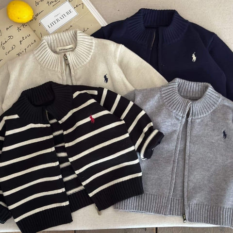 Áo khoác cardigan len cổ tròn kéo khóa polo 4 màu