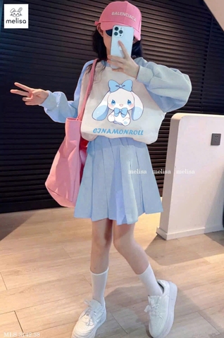 Bộ nỉ Cinnamoroll dài tay raglan trắng xanh kèm chân váy hãng Melisa