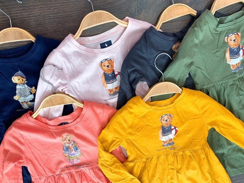 Váy cotton dài tay Polo Ralph Lauren hình gấu 6 màu: navy, xanh rêu, cam đỏ, hồng nhạt, vàng, hồng đậm