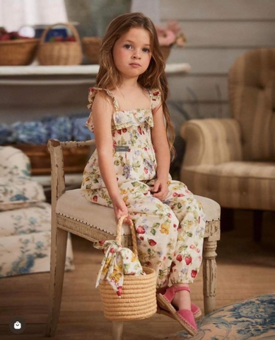 Jumpsuit smock ngực viền bèo họa tiết dâu tây nền trắng tay cánh tiên hãng Polo Ralph Lauren