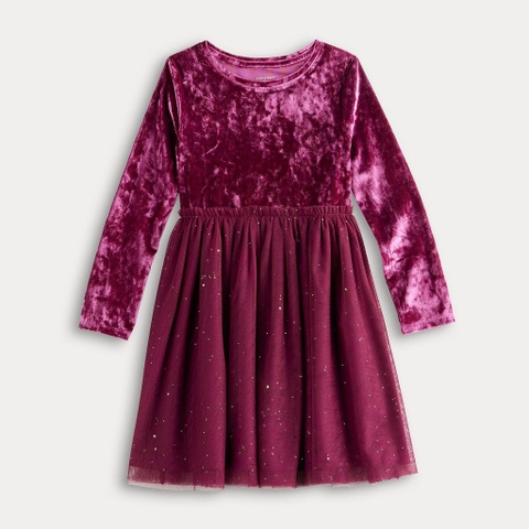 Váy nhung dài tay KOHL'S Jumping Beans Disney màu đỏ mận nhũ vàng