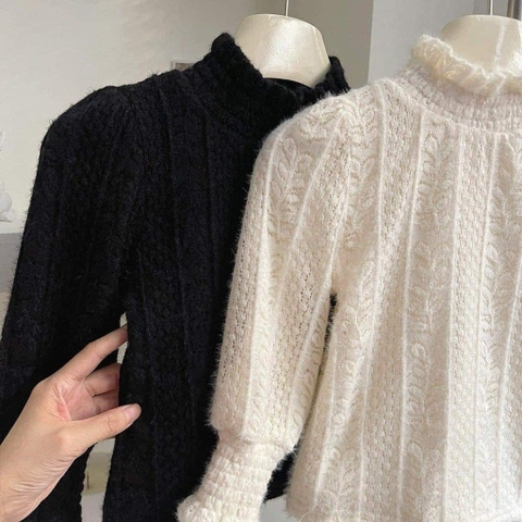 Áo giữ nhiệt len ren lót nỉ 2 màu trắng, đen