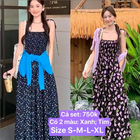 Set váy dây hoa kèm áo cardigan 2 màu