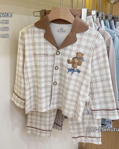 Bộ pyjama cotton Bolan Isle caro gấu nâu be