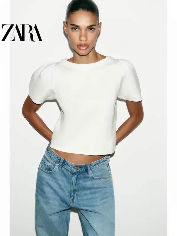 Áo dệt kim tay bồng màu trắng Zara
