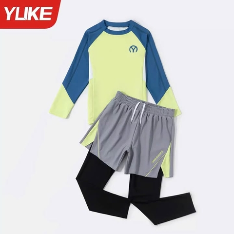 Bộ bơi YUKE chữ Y dài tay xanh neon phối xanh dương quần ghi