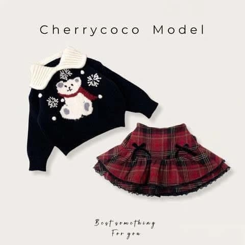 Bộ áo len gấu navy mix chân váy dạ caro đỏ hãng Cherry Coco Model