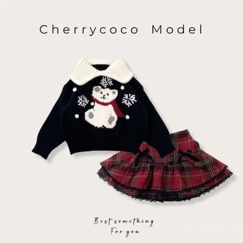Bộ áo len gấu navy mix chân váy dạ caro đỏ hãng Cherry Coco Model