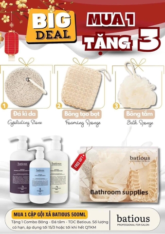 Combo dầu gội và dầu xả Batious 3 màu 500ml kèm 3 món gồm đá kì da, bông tạo bọt, bông tắm