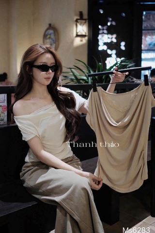Áo thun cổ nhún cách điệu phối ren 3 màu trắng, be, nâu