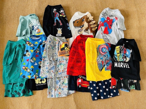 Bộ cotton cộc tay H&M nhiều mẫu Marvel đen, Mickey, Khủng long...bé trai hè 2025