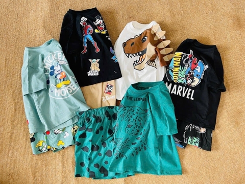 Bộ cotton cộc tay H&M nhiều mẫu Marvel đen, Mickey, Khủng long...bé trai hè 2025