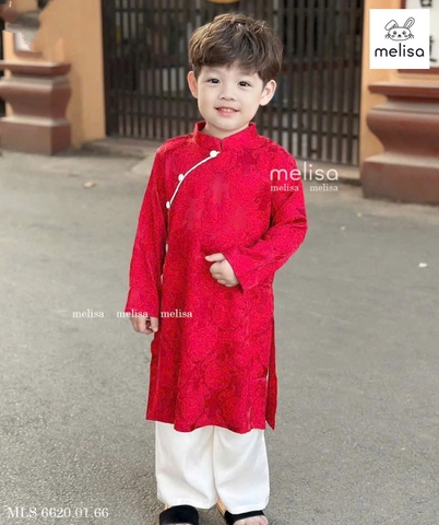 Áo dài gấm BÉ TRAI kèm dây ngọc 2 màu trắng, đỏ