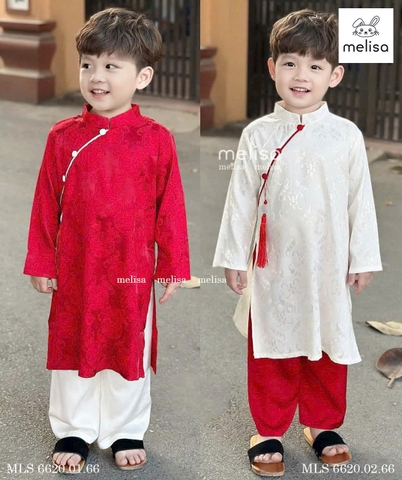 Áo dài gấm BÉ TRAI kèm dây ngọc 2 màu trắng, đỏ