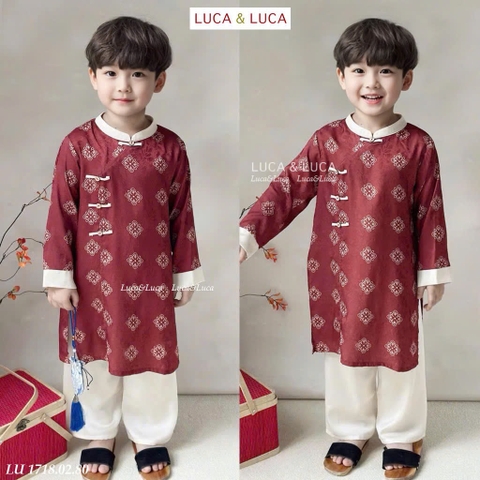 Áo dài gấm lụa Xuân An BÉ TRAI cách tân họa tiết hoa thị màu đỏ quần trắng Luca&Luca