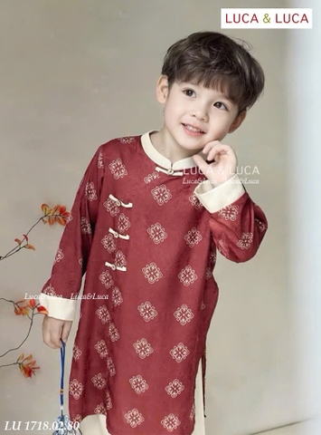 Áo dài gấm lụa Xuân An BÉ TRAI cách tân họa tiết hoa thị màu đỏ quần trắng Luca&Luca