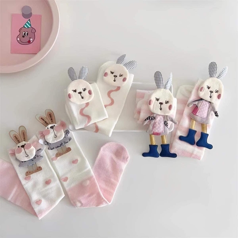 Set 3 đôi tất cao cổ hình thỏ tông trắng, hồng