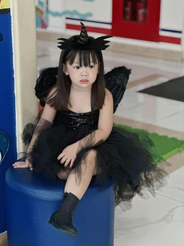 Set 3 món hóa trang váy 2 dây tutu voan đen kim sa, bờm, đôi cánh