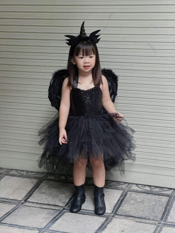Set 3 món hóa trang váy 2 dây tutu voan đen kim sa, bờm, đôi cánh