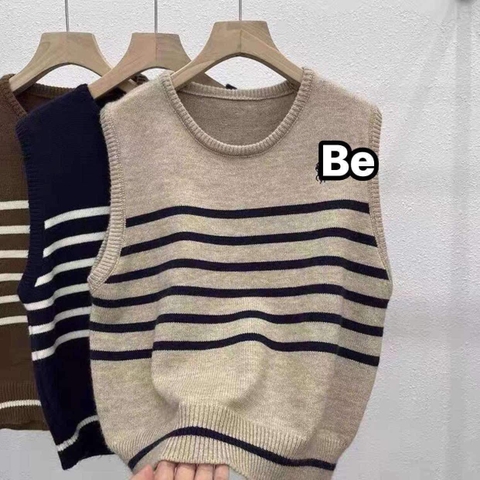 Áo gile len kẻ ngang 3 màu nâu, be, than cho nữ