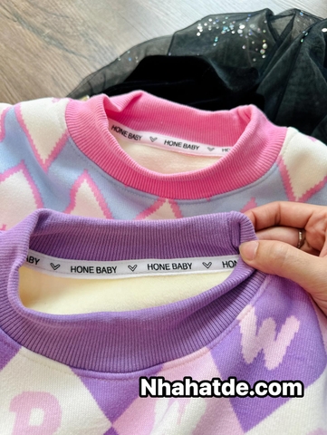 Áo len dệt kim lót lông thêu Kuromi, Melody 2 màu tím, hồng