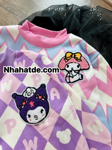 Áo len dệt kim lót lông thêu Kuromi, Melody 2 màu tím, hồng