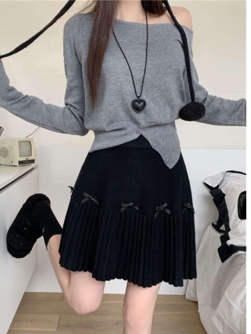 Chân váy len đính nơ xếp ly dáng ngắn 2 màu đen, trắng cho nữ